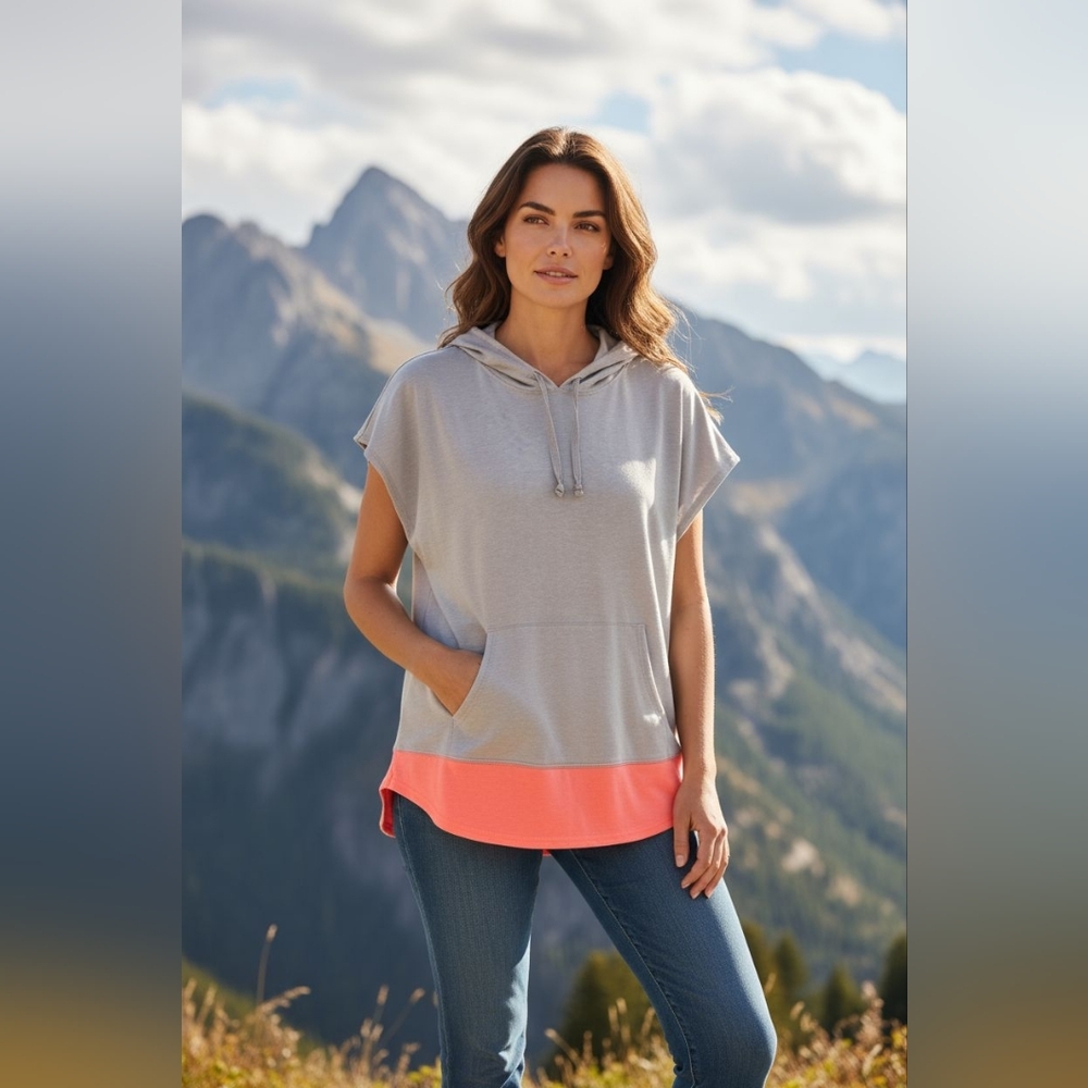 ZELOS Lagenlook Grey & Peach Cotton Blend Hooded Sleeveless Pullover Size Large